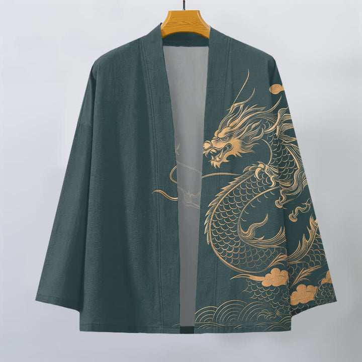 Buddha Stones Cotton Golden Dragon Cloud Wave Pattern Open Front Men's Kimono - image 10