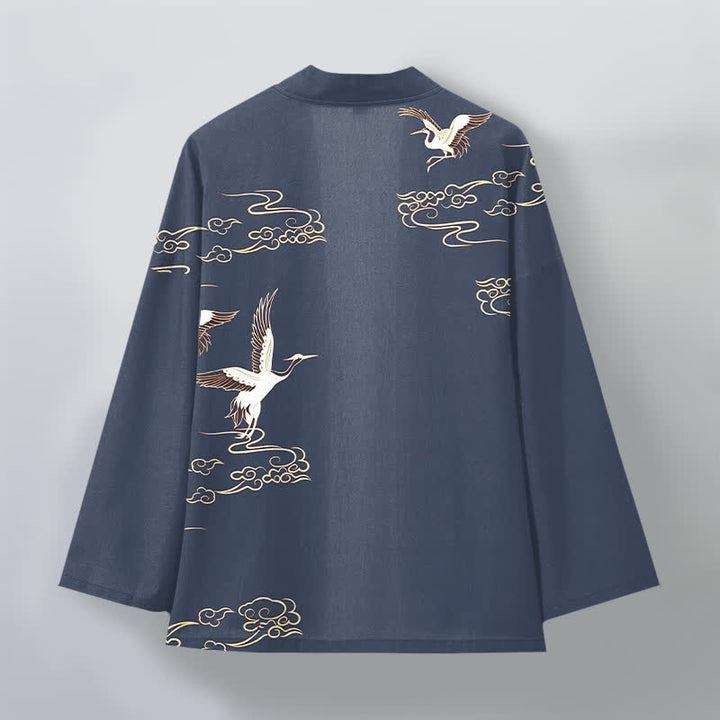 Buddha Stones Cotton White Crane Gold Cloud Pattern Open Front Men's Kimono - image 2