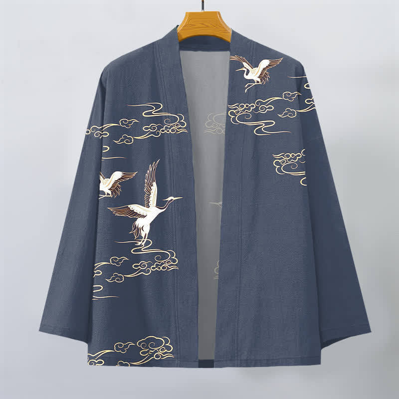 Buddha Stones Cotton White Crane Gold Cloud Pattern Open Front Men's Kimono - image 1