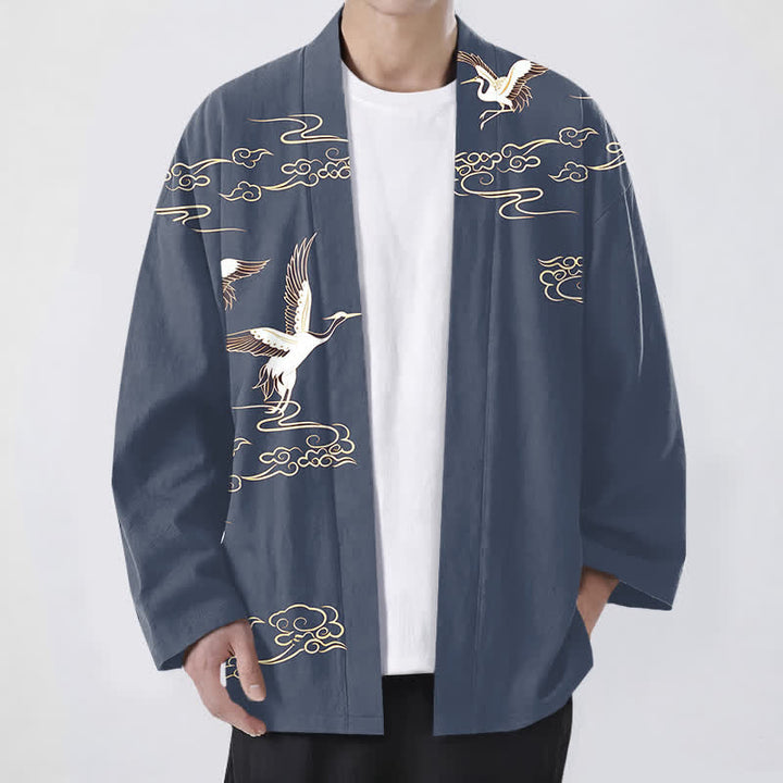 Buddha Stones Cotton White Crane Gold Cloud Pattern Open Front Men's Kimono - SteelBlue - US/UK/AU48，EU58 (4XL) - image 0