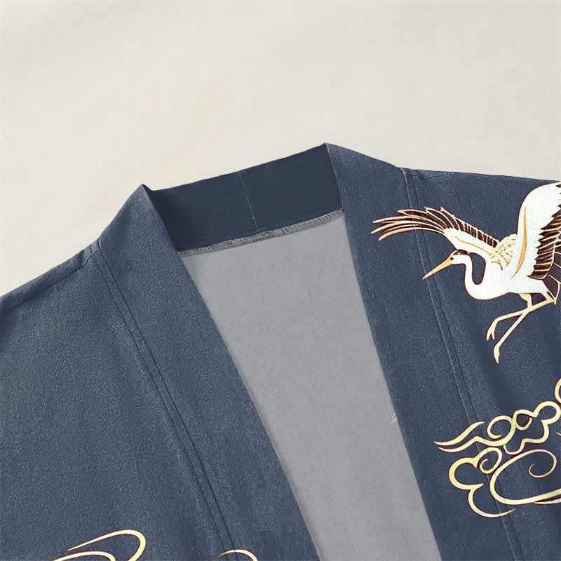 Buddha Stones Cotton White Crane Gold Cloud Pattern Open Front Men's Kimono - image 3