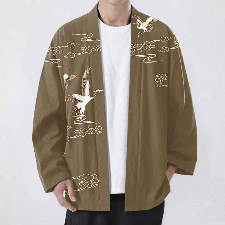 Buddha Stones Cotton White Crane Gold Cloud Pattern Open Front Men's Kimono - Olive - US/UK/AU48，EU58 (4XL) - image 9