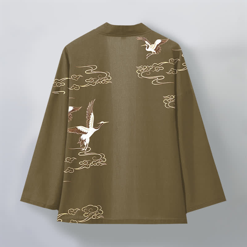 Buddha Stones Cotton White Crane Gold Cloud Pattern Open Front Men's Kimono - image 11