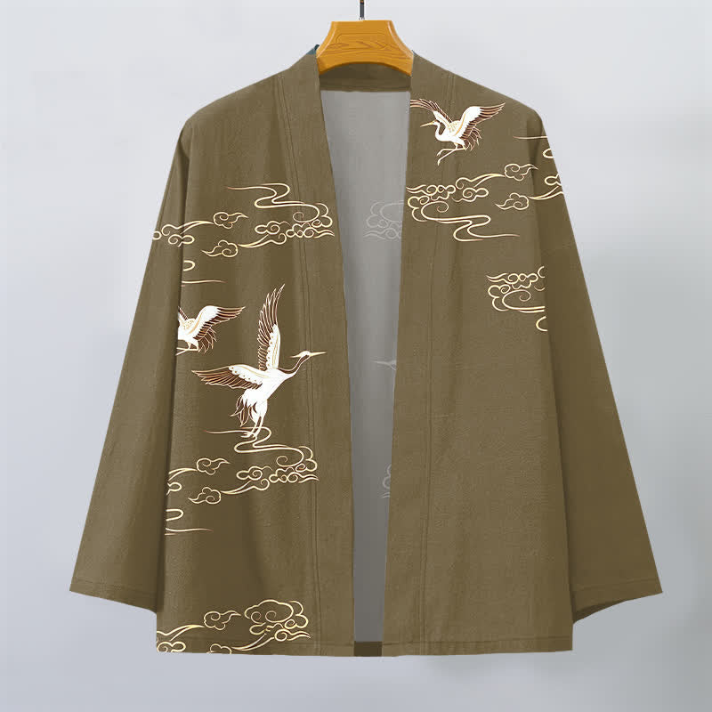 Buddha Stones Cotton White Crane Gold Cloud Pattern Open Front Men's Kimono - image 10