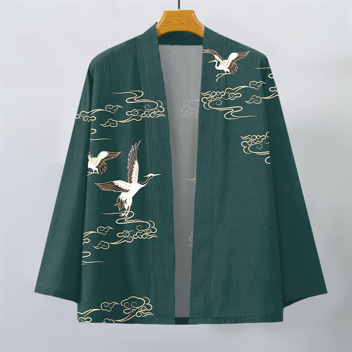 Buddha Stones Cotton White Crane Gold Cloud Pattern Open Front Men's Kimono - image 7