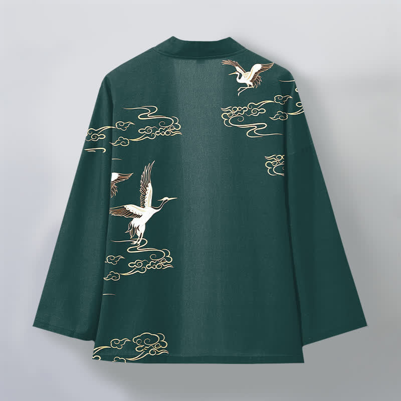 Buddha Stones Cotton White Crane Gold Cloud Pattern Open Front Men's Kimono - image 8