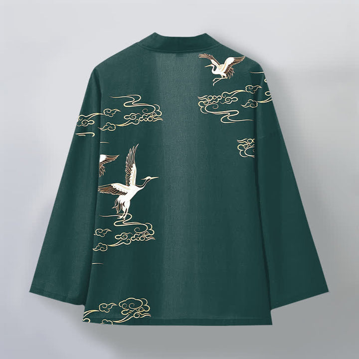 Buddha Stones Cotton White Crane Gold Cloud Pattern Open Front Men's Kimono - image 8