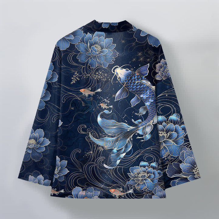 Buddha Stones Cotton Koi Lotus Flowing Waves Pattern Open Front Men's Kimono - image 2