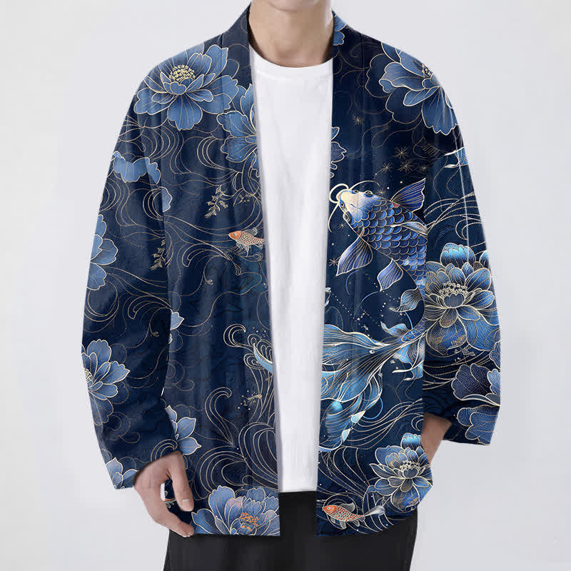 Buddha Stones Cotton Koi Lotus Flowing Waves Pattern Open Front Men's Kimono - Navy - US/UK/AU48，EU58 (4XL) - image 0