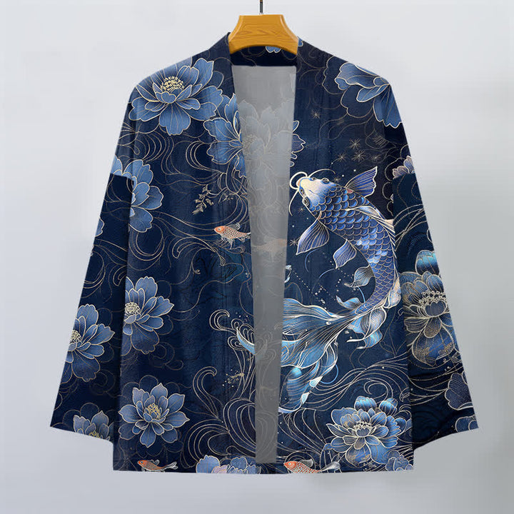 Buddha Stones Cotton Koi Lotus Flowing Waves Pattern Open Front Men's Kimono - image 1