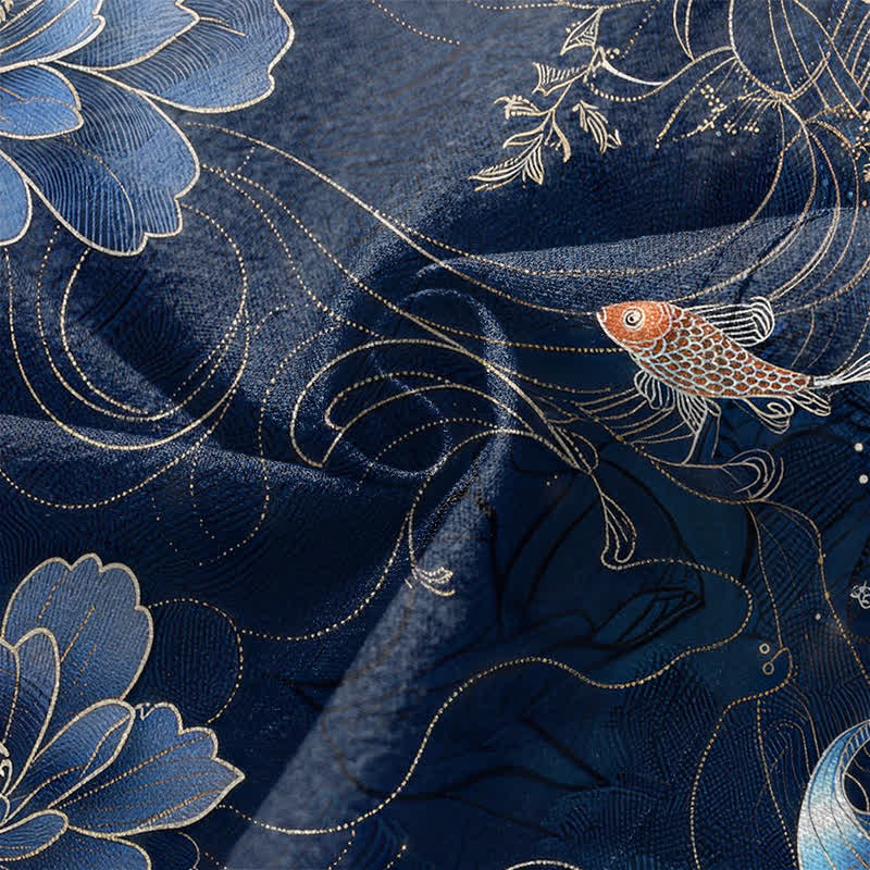 Buddha Stones Cotton Koi Lotus Flowing Waves Pattern Open Front Men's Kimono - image 5