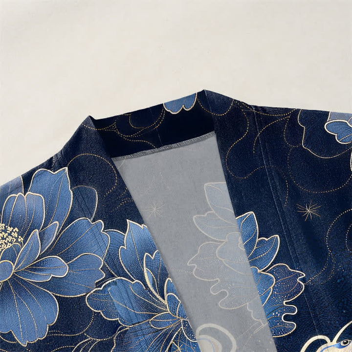 Buddha Stones Cotton Koi Lotus Flowing Waves Pattern Open Front Men's Kimono - image 3