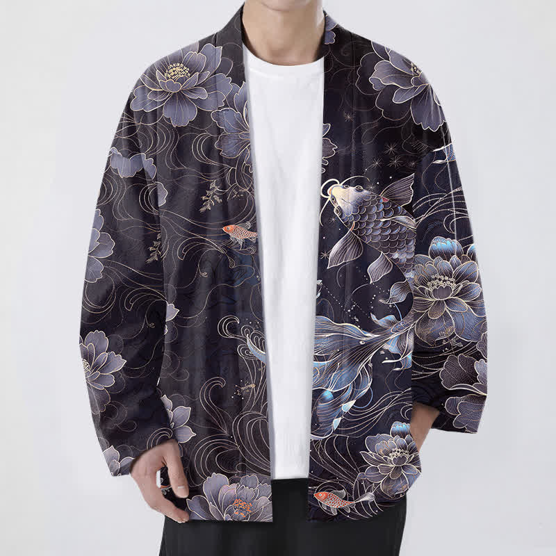 Buddha Stones Cotton Koi Lotus Flowing Waves Pattern Open Front Men's Kimono - DarkSlateBlue - US/UK/AU48，EU58 (4XL) - image 6