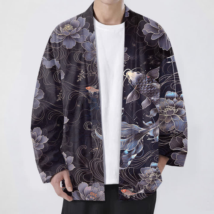 Buddha Stones Cotton Koi Lotus Flowing Waves Pattern Open Front Men's Kimono - DarkSlateBlue - US/UK/AU48，EU58 (4XL) - image 6