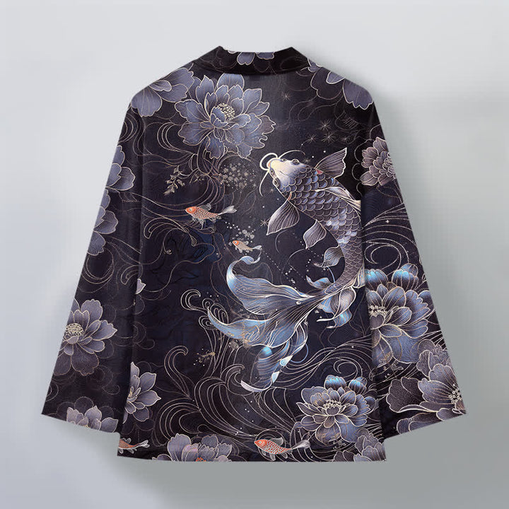 Buddha Stones Cotton Koi Lotus Flowing Waves Pattern Open Front Men's Kimono - image 8
