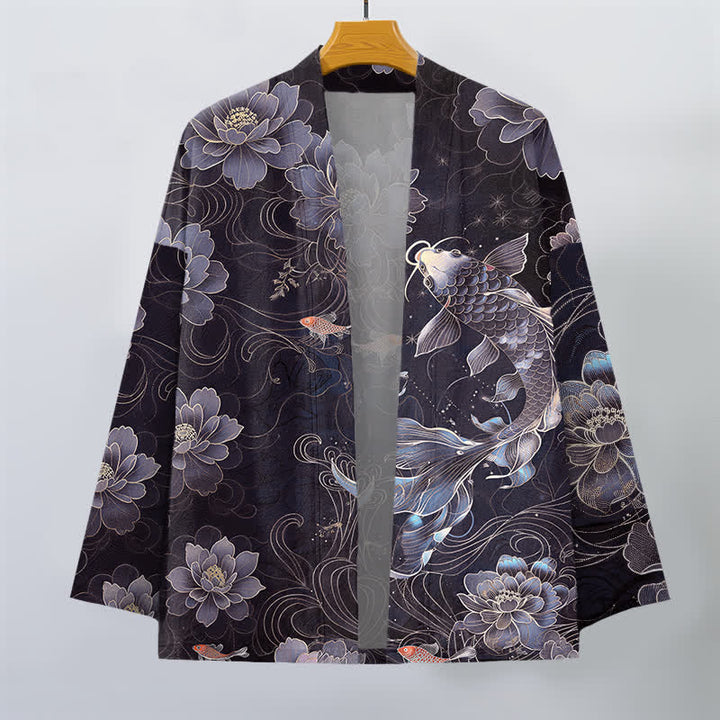 Buddha Stones Cotton Koi Lotus Flowing Waves Pattern Open Front Men's Kimono - image 7