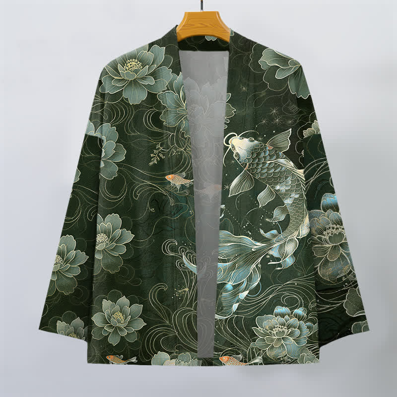 Buddha Stones Cotton Koi Lotus Flowing Waves Pattern Open Front Men's Kimono - image 10