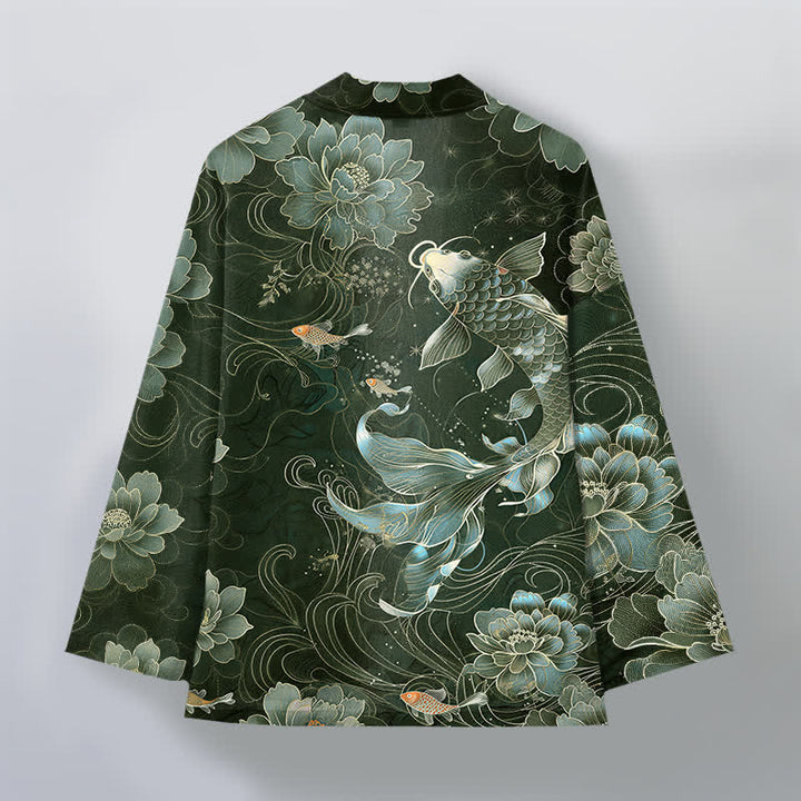Buddha Stones Cotton Koi Lotus Flowing Waves Pattern Open Front Men's Kimono - image 11