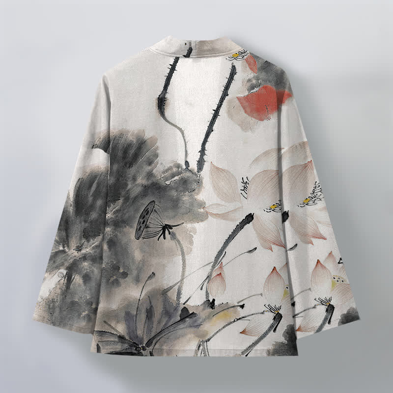 Buddha Stones Cotton Ink Lotus Pattern Open Front Men's Kimono - image 2
