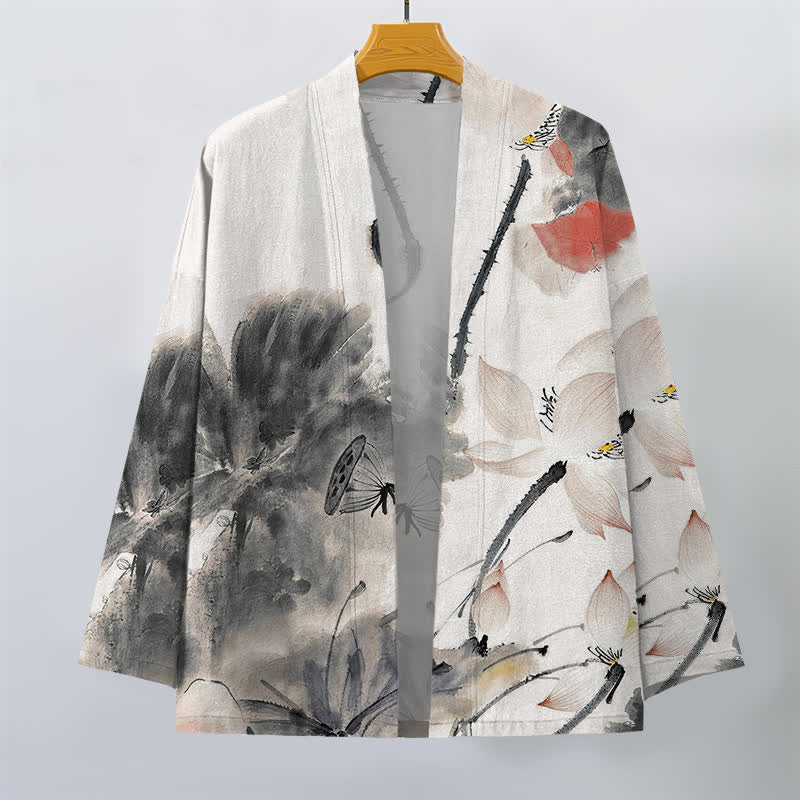 Buddha Stones Cotton Ink Lotus Pattern Open Front Men's Kimono - image 1