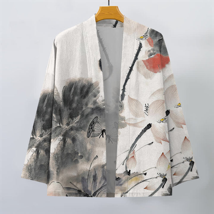 Buddha Stones Cotton Ink Lotus Pattern Open Front Men's Kimono - image 1