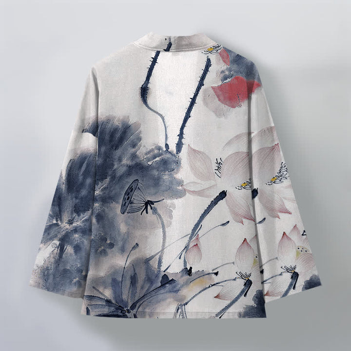 Buddha Stones Cotton Ink Lotus Pattern Open Front Men's Kimono - image 8