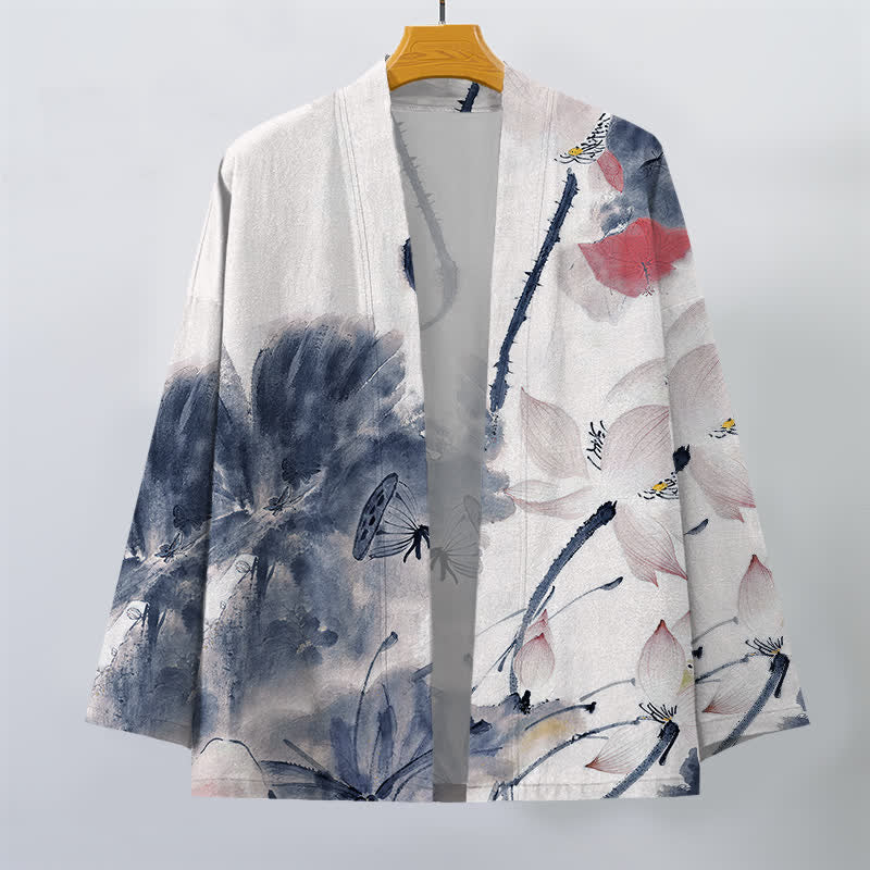 Buddha Stones Cotton Ink Lotus Pattern Open Front Men's Kimono - image 7