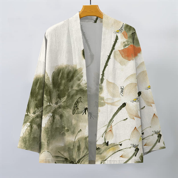 Buddha Stones Cotton Ink Lotus Pattern Open Front Men's Kimono - image 10