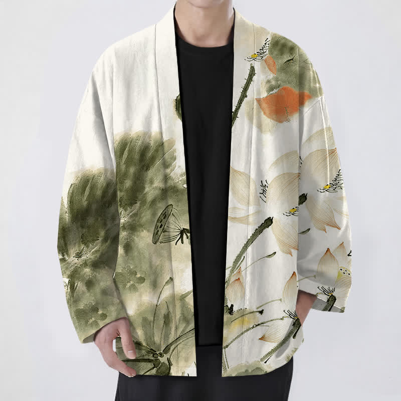 Buddha Stones Cotton Ink Lotus Pattern Open Front Men's Kimono - OliveDrab - US/UK/AU48，EU58 (4XL) - image 9