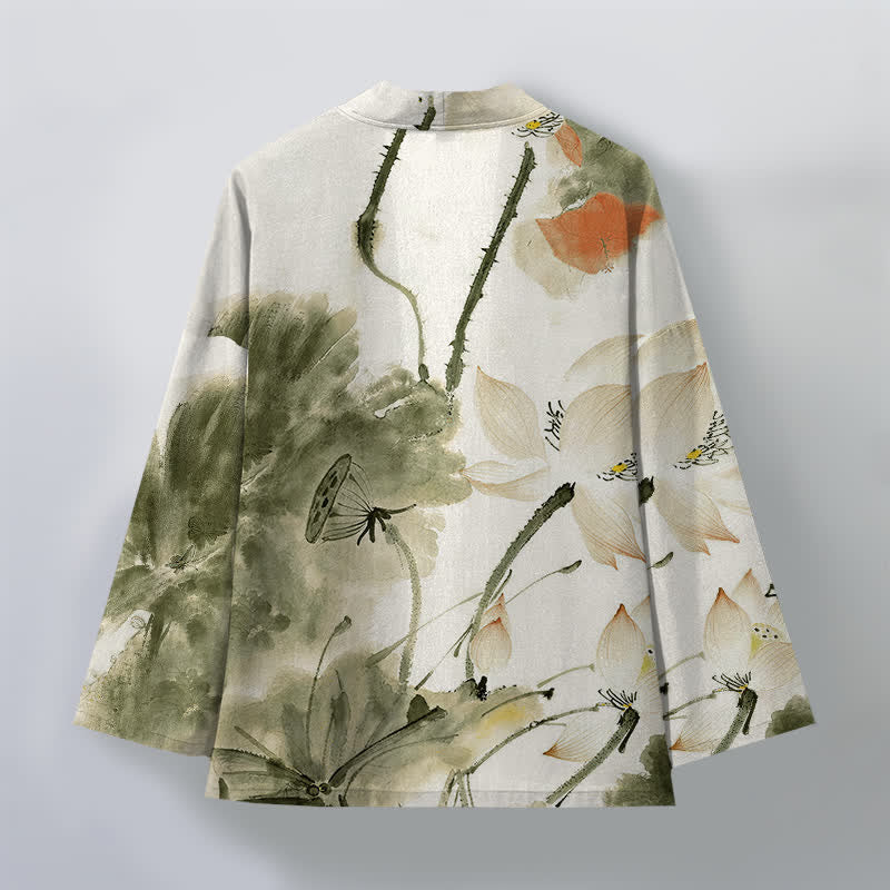 Buddha Stones Cotton Ink Lotus Pattern Open Front Men's Kimono - image 11