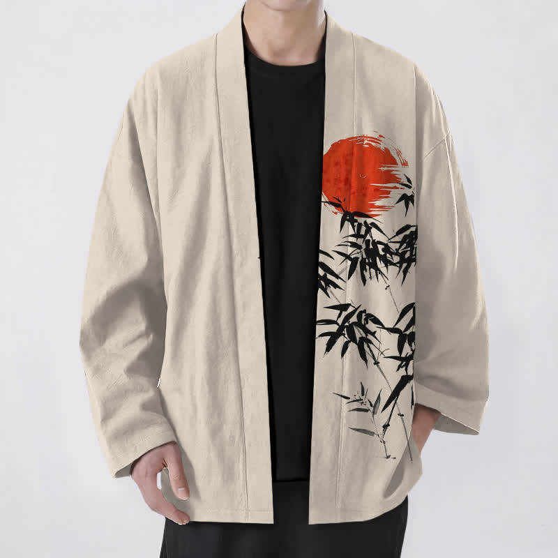 Buddha Stones Cotton Red Sun Bamboo Ink Pattern Open Front Men's Kimono - Beige - US/UK/AU48，EU58 (4XL) - image 0