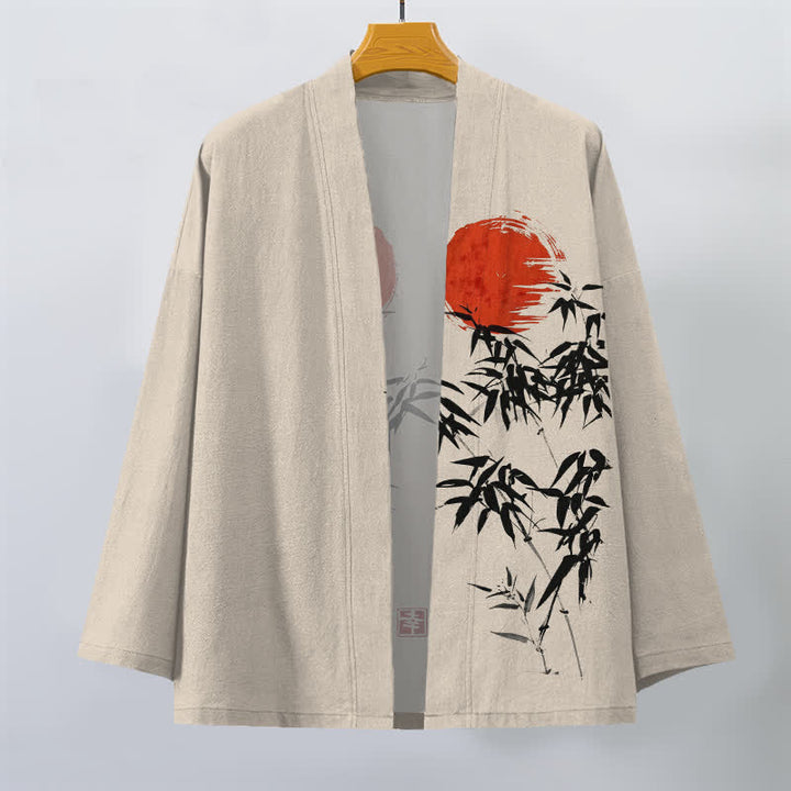 Buddha Stones Cotton Red Sun Bamboo Ink Pattern Open Front Men's Kimono - image 1