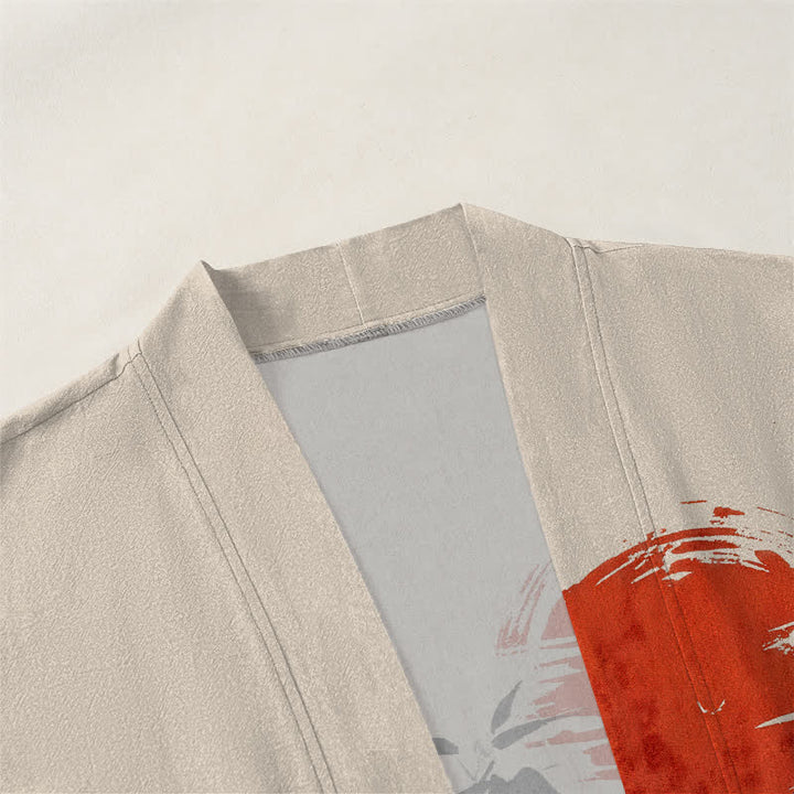 Buddha Stones Cotton Red Sun Bamboo Ink Pattern Open Front Men's Kimono - image 3