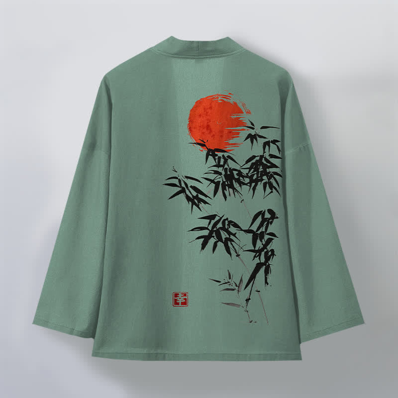 Buddha Stones Cotton Red Sun Bamboo Ink Pattern Open Front Men's Kimono - image 8