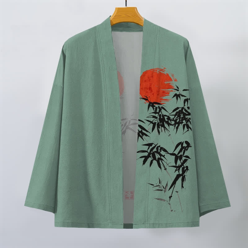 Buddha Stones Cotton Red Sun Bamboo Ink Pattern Open Front Men's Kimono - image 7
