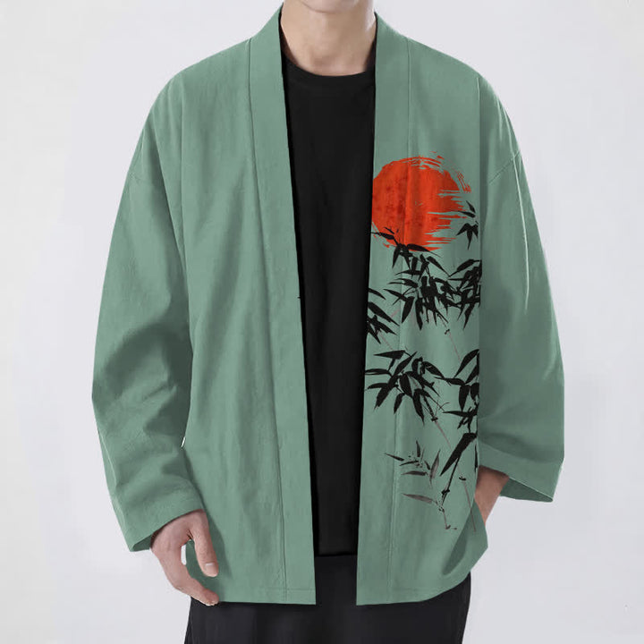 Buddha Stones Cotton Red Sun Bamboo Ink Pattern Open Front Men's Kimono - SeaGreen - US/UK/AU48，EU58 (4XL) - image 6