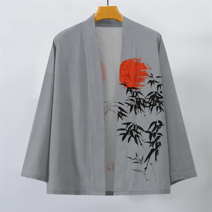 Buddha Stones Cotton Red Sun Bamboo Ink Pattern Open Front Men's Kimono - image 10