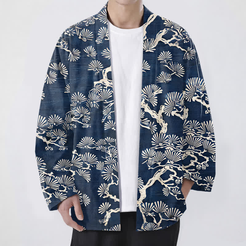 Buddha Stones Cotton Pine Branch Fan Pattern Open Front Men's Kimono - Navy - US/UK/AU48，EU58 (4XL) - image 0