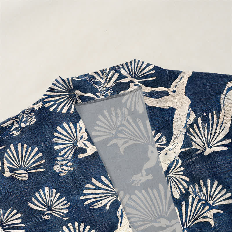 Buddha Stones Cotton Pine Branch Fan Pattern Open Front Men's Kimono - image 3