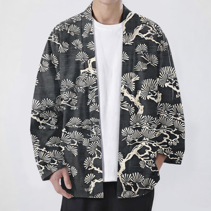 Buddha Stones Cotton Pine Branch Fan Pattern Open Front Men's Kimono - DimGray - US/UK/AU48，EU58 (4XL) - image 9