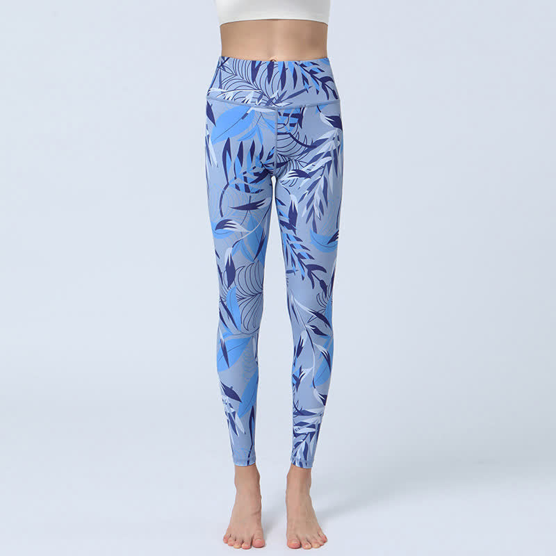 Buddha Stones Flowers Leaves Print Sports Fitness Yoga High Waist Leggings Women's Yoga Pants - Light Blue Leaves - US8-10，UK/AU12-14，EU40-42 (XL) - image 10