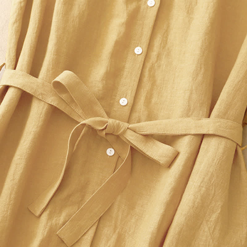 Buddha Stones Summer Plain Lace-up Button Front Design Lapel Sleeveless Cotton Midi Dress - image 3