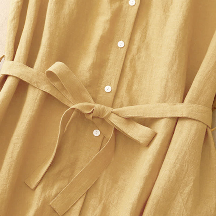 Buddha Stones Summer Plain Lace-up Button Front Design Lapel Sleeveless Cotton Midi Dress - image 3