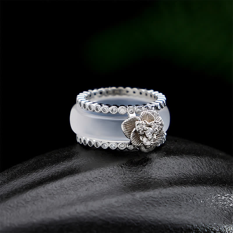 Buddha Stones Copper Inlaid White Camellia Retro Chinese Layered Ring - White Camellia Ring - US7（17.3mm） - image 0