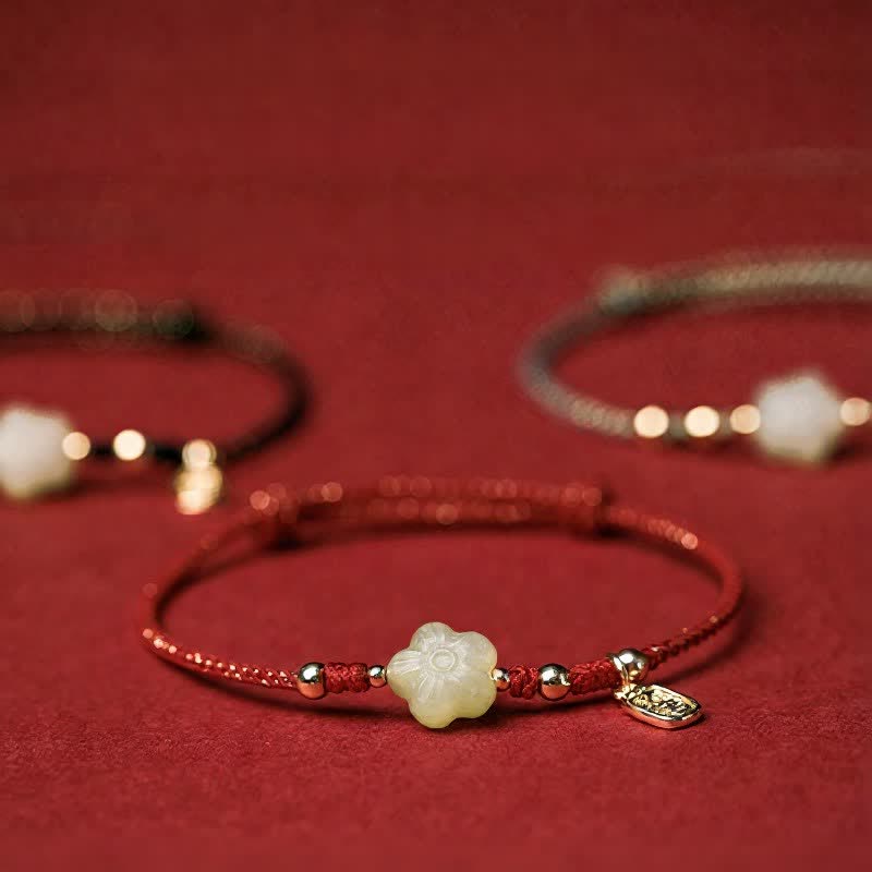 Buddha Stones Lucky Hetian Cyan Jade Floral Adjustable Cord Protection Bracelet - image 0