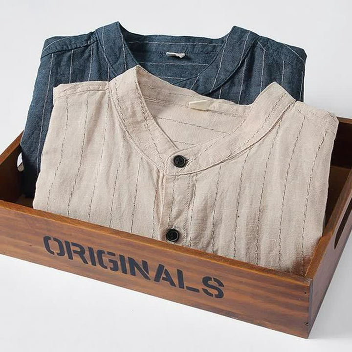 Buddha Stones Spring Summer Casual Tang Style Mandarin Collar Striped Linen Men's Long Sleeve Shirts With Pocket - image 8