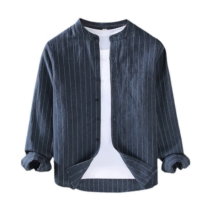 Buddha Stones Spring Summer Casual Tang Style Mandarin Collar Striped Linen Men's Long Sleeve Shirts With Pocket - image 1