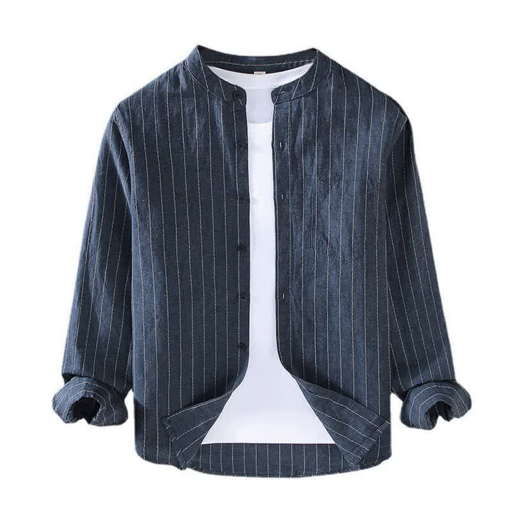 Buddha Stones Spring Summer Casual Tang Style Mandarin Collar Striped Linen Men's Long Sleeve Shirts With Pocket - image 1