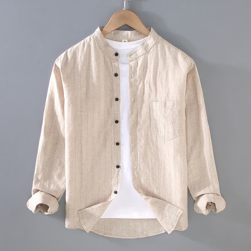 Buddha Stones Spring Summer Casual Tang Style Mandarin Collar Striped Linen Men's Long Sleeve Shirts With Pocket - Khaki - US/UK/AU42，EU52 (3XL) - image 2