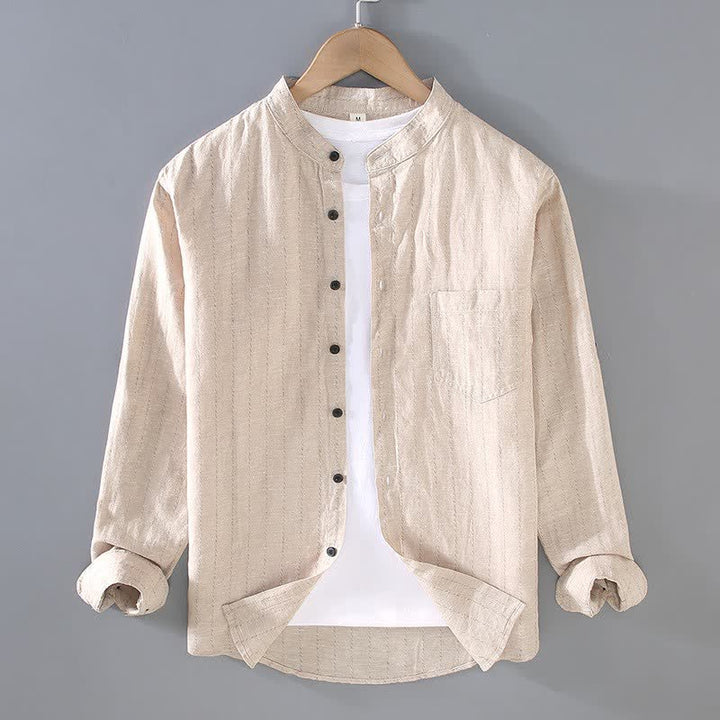 Buddha Stones Spring Summer Casual Tang Style Mandarin Collar Striped Linen Men's Long Sleeve Shirts With Pocket - Khaki - US/UK/AU42，EU52 (3XL) - image 2